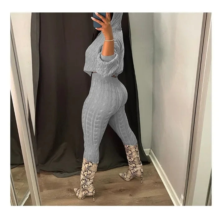 2 Piece Sets Womens Outfits Fashion Long Sleeve Cable Knit Hooded Sweater