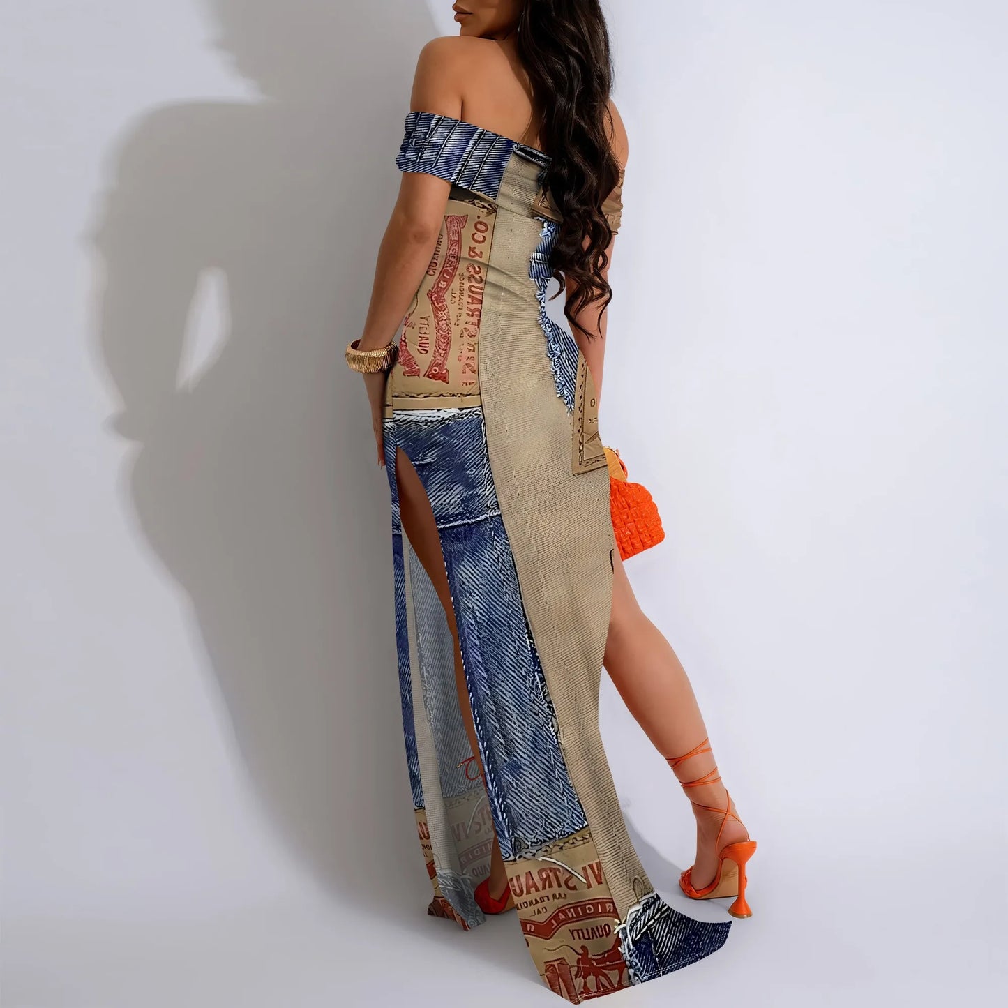 Denim Print Off-Shoulder High Slit Maxi Dress - Women's Trendy Urban Party Evening Resortwear Date Night
