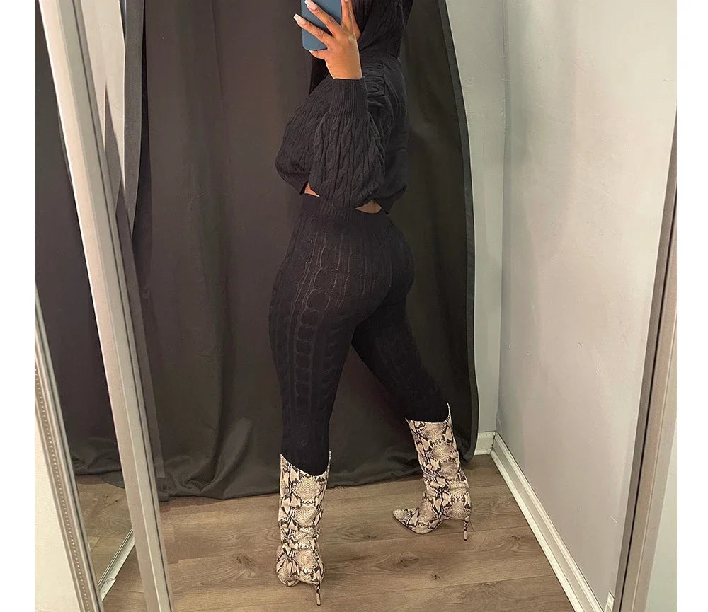 2 Piece Sets Womens Outfits Fashion Long Sleeve Cable Knit Hooded Sweater