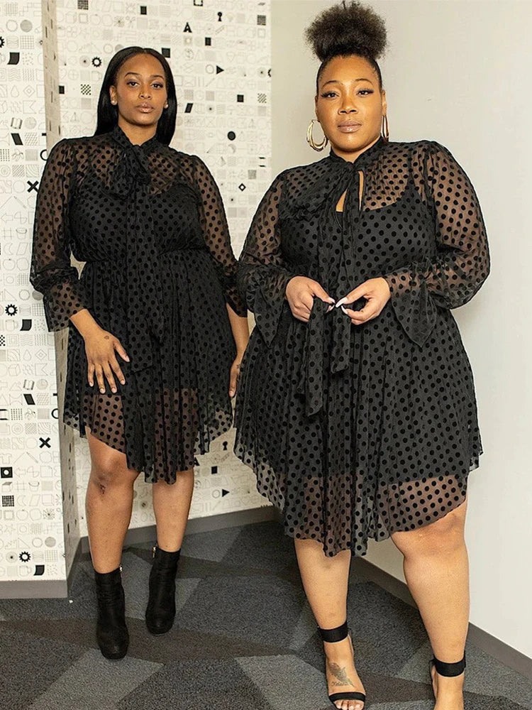 Lace Dress Women Sexy Plus Size Clothing Long Sleeve Mesh Dress with Lingerie Strap Black Midi Dress Wholesale Dropshipping