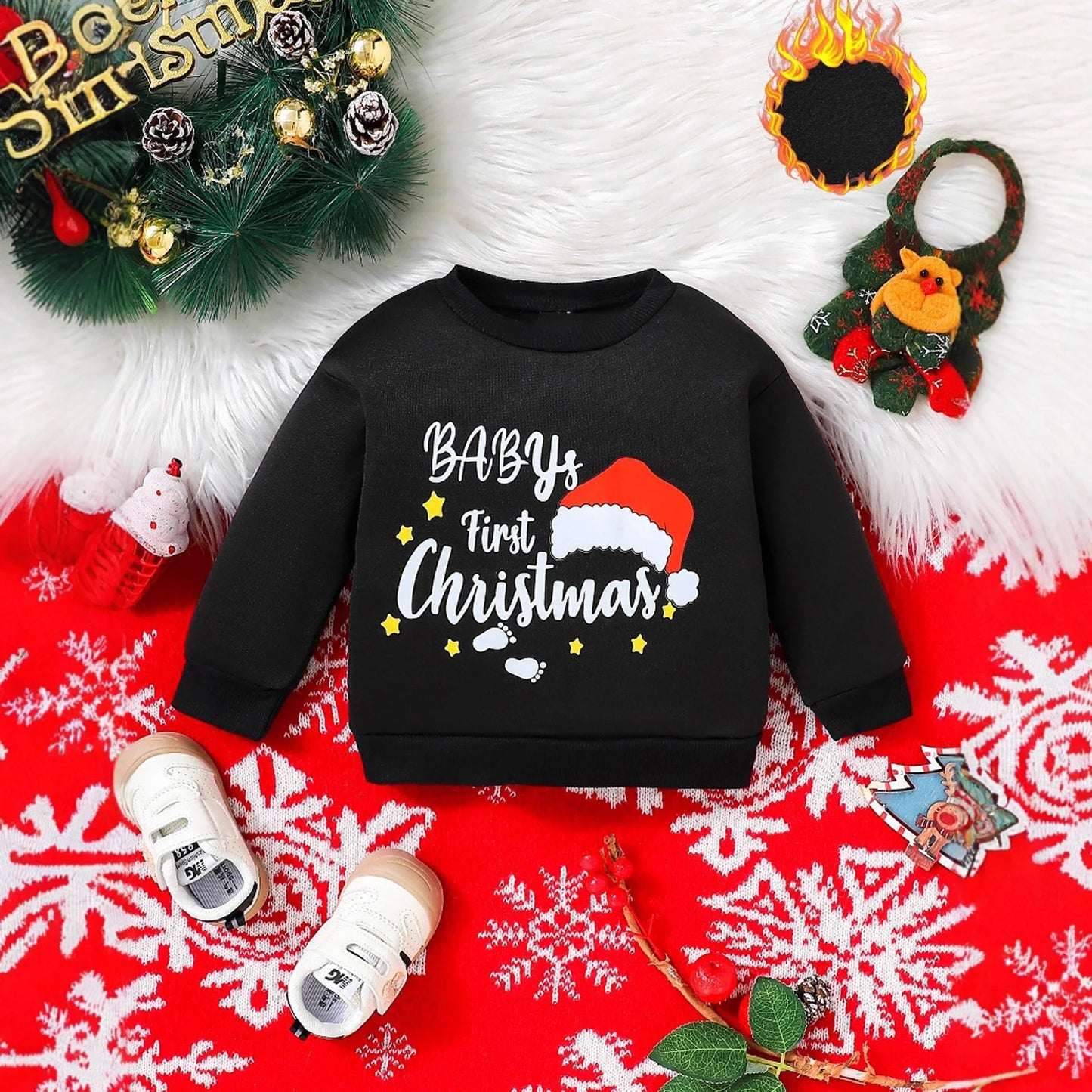 Blotona Toddler Baby Girl Boy Christmas Sweatshirt Letters Santa Hat Print Pullover Crew Neck Long Sleeve Tops