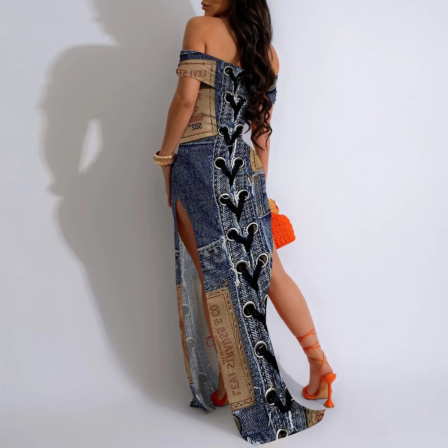 Denim Print Off-Shoulder High Slit Maxi Dress - Women's Trendy Urban Party Evening Resortwear Date Night
