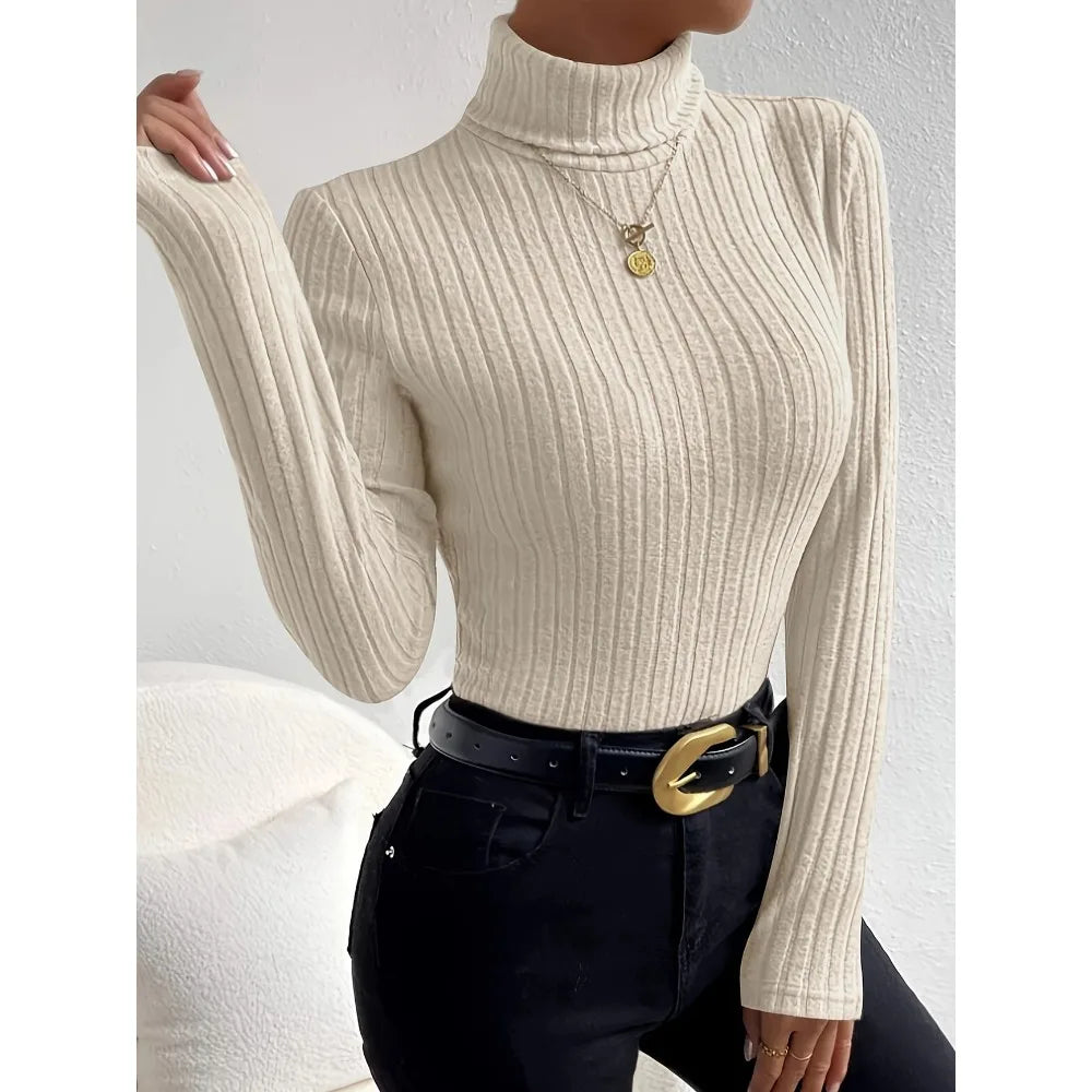 Plus Size 1XL-5XL Women's Slim Fit Ribbed Knit Turtleneck Knitted Sweater Long Sleeve Light Gray Elegant Versatile Pullover Top