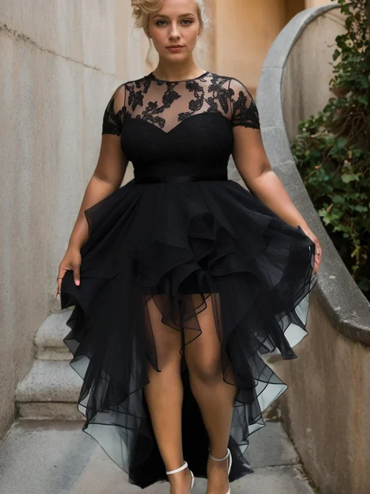 Plus Size Lace Patchwork Party Dress Women Short Sleeve Elegant Irregular Hem Sexy Dresses Robe Lady Bridesmaid Evening Dress