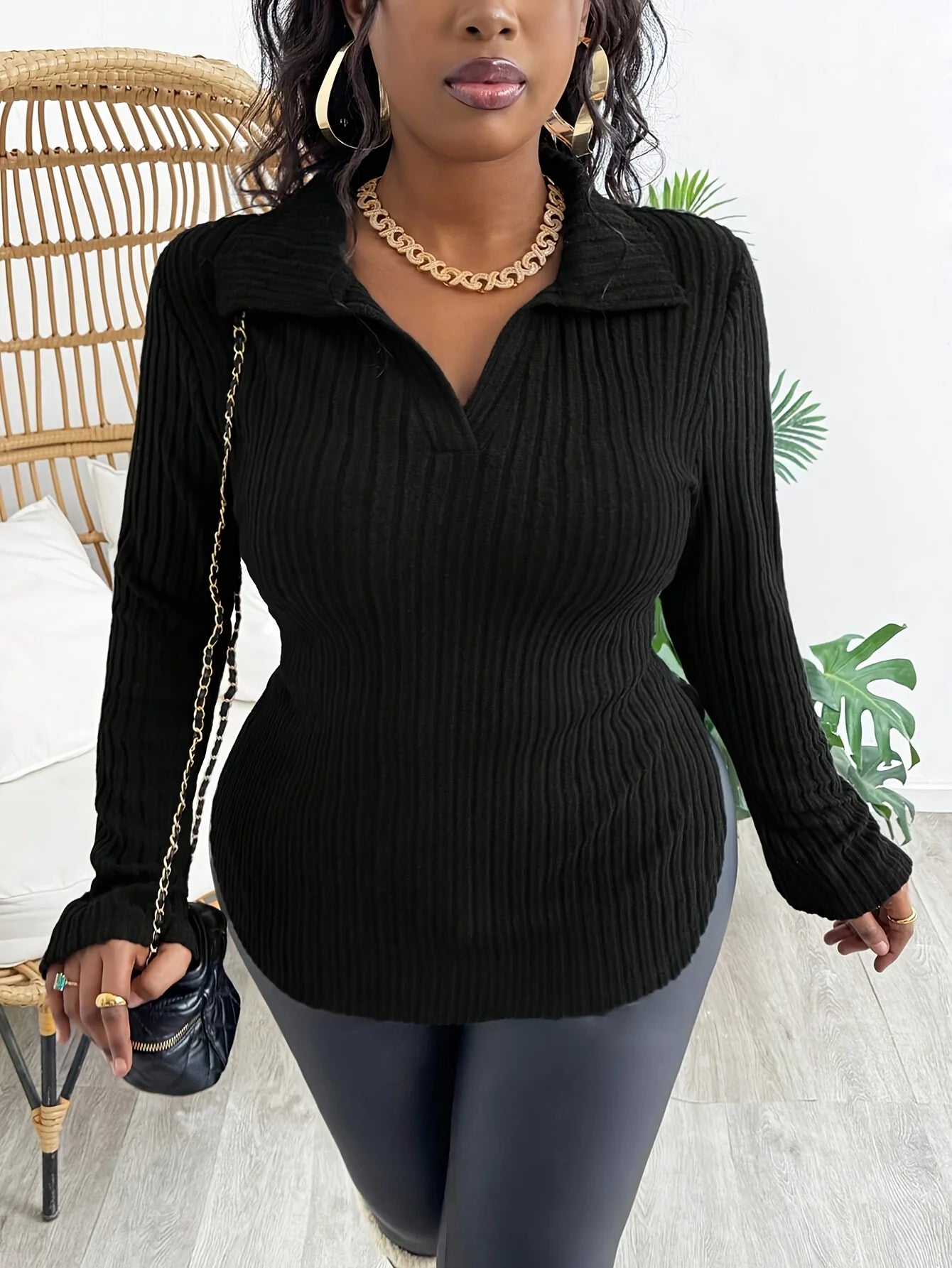 Plus size  Europe and the United States cross-border  autumn and winter new casual solid color V-neck long-sleeved top