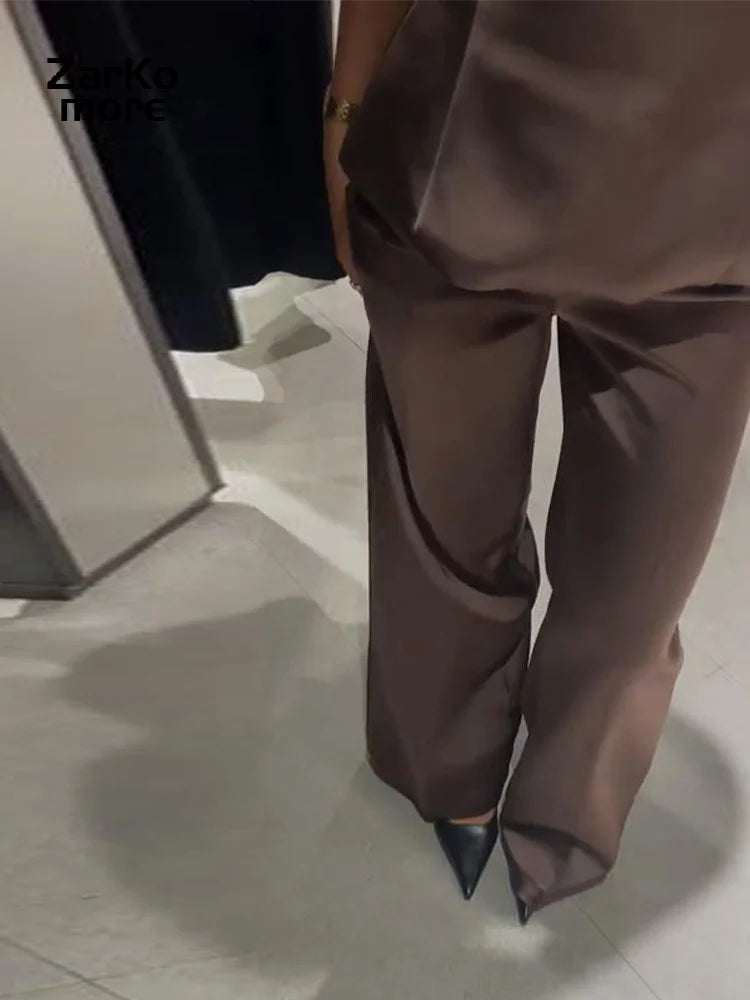 Elegant Brown Satin Strapless Top Pants Set Women Sleeveless Backless Vest Wide Leg Trousers 2025 Winter Lady Chic Party Suit