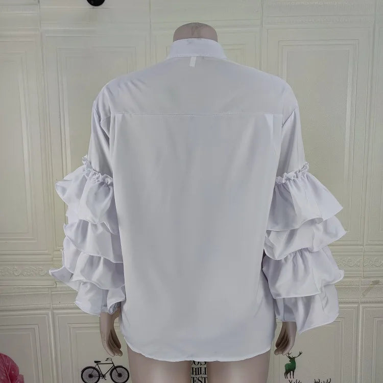 CM.YAYA Women Shirts Solid Full Ruffles Sleeve Turn-down Collar Single Breasted Loose Shirts Office Lady Streetwear Summer Tops