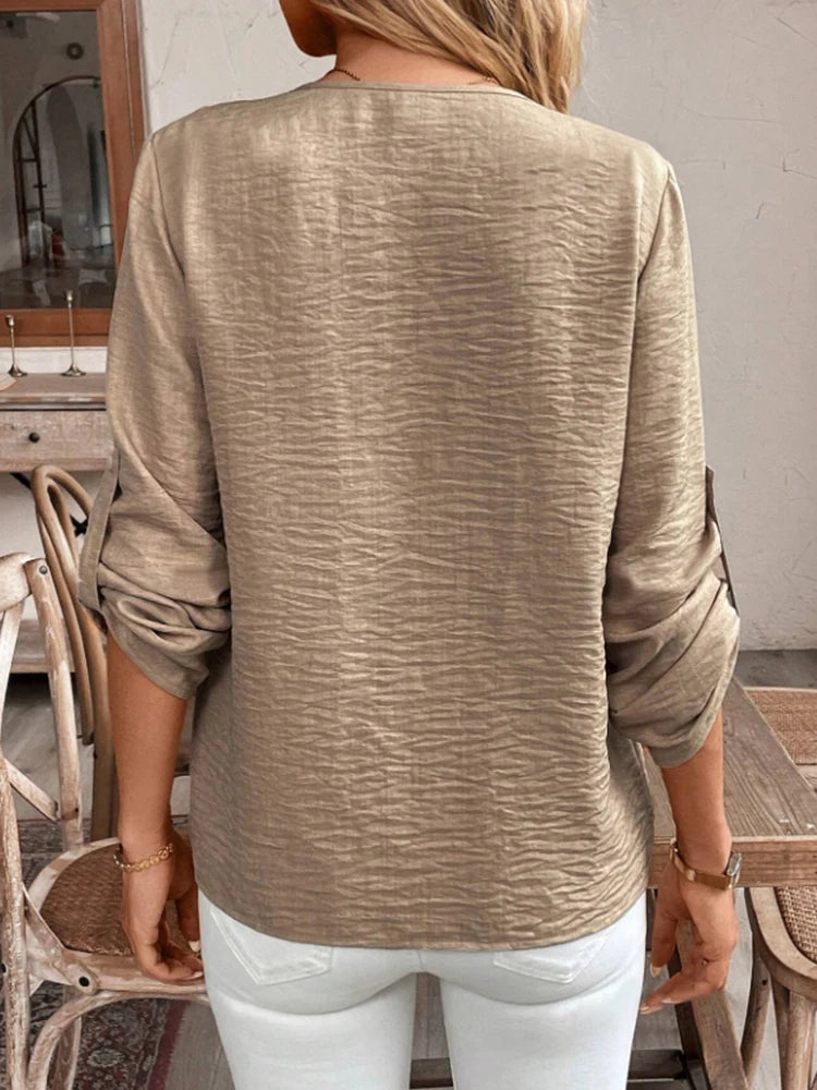 Ladies Elegant Simple V-Neck Commute Pure Color Cuffed Sleeve Casual Sophisticated Shirt Office Wear Casual Fashion