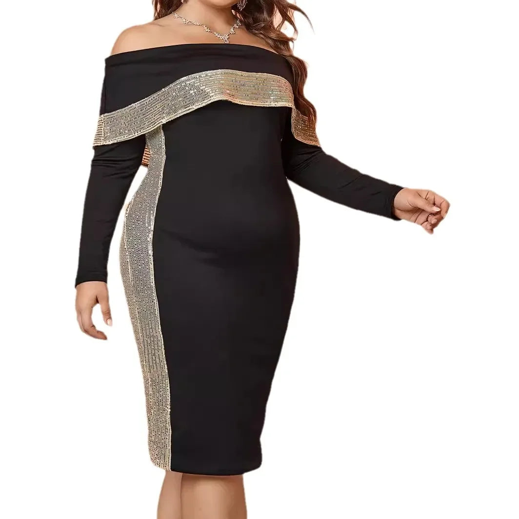 Plus Size Sexy Slim Fit Long Sleeve One Shoulder Glitter Dress for Women plus Size Fashionable Spring Summer Dress Polyester ...