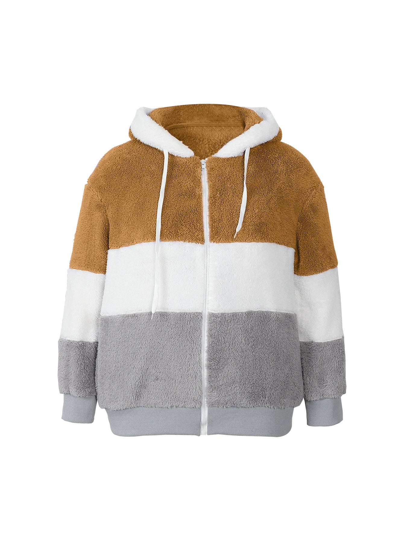 Plus Size Autumn/Winter New Arrivals Women's Autumn/Winter Drop-Shoulder Long-Sleeved Colour-Block Patchwork Fleece Hooded Jacke