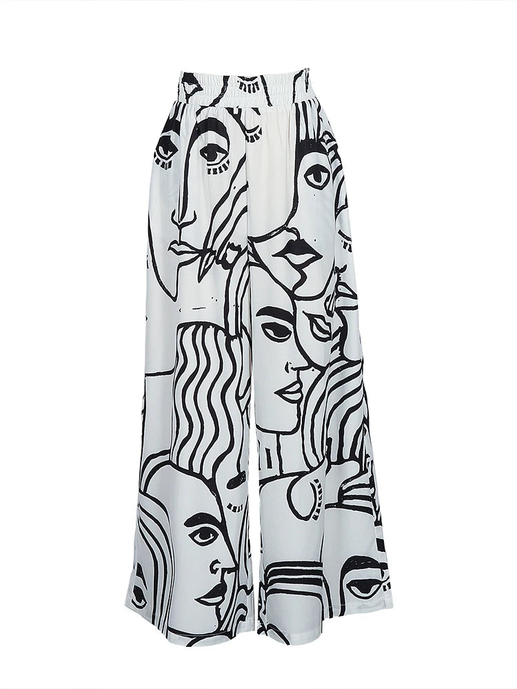 Summer plus Size 5XL Wide Leg Pants Contrast Print Pattern Fashionable Trendy Versatile Women's Elastic Waist Casual Trousers