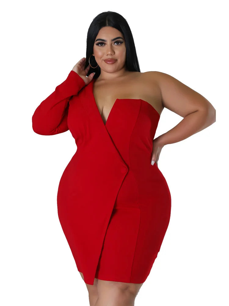 Wmstar Plus Size Dresses Women 2026 Single Long Sleeve V Neck Solid Sexy Mini Suit Dress Party Dresses Wholesale Dropshipping