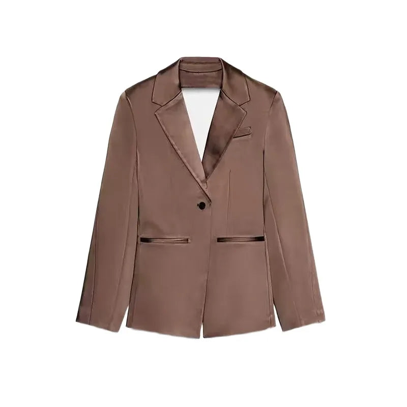 Elegant Brown Satin Strapless Top Pants Set Women Sleeveless Backless Vest Wide Leg Trousers 2025 Winter Lady Chic Party Suit