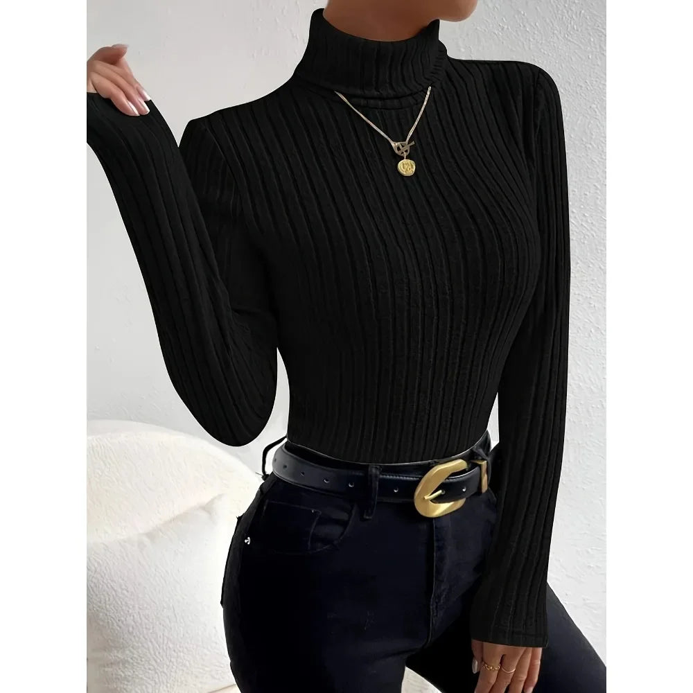 Plus Size 1XL-5XL Women's Slim Fit Ribbed Knit Turtleneck Knitted Sweater Long Sleeve Light Gray Elegant Versatile Pullover Top