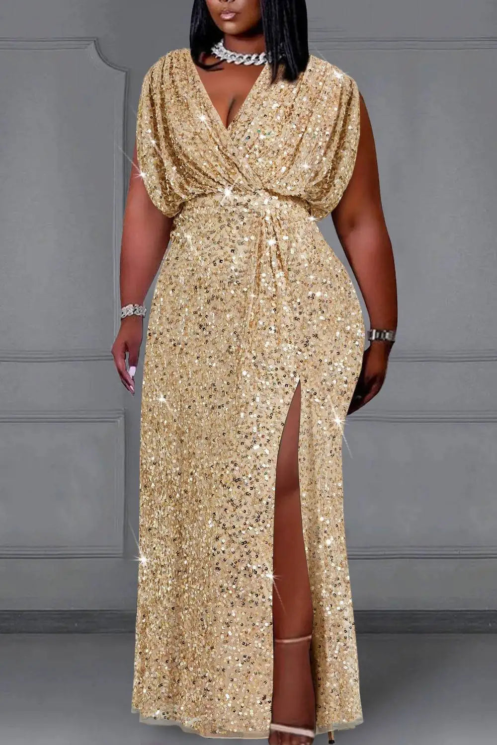plus Size Gold V-Neck Split Sequin Maxi Dress Elegant Formal Gown for Women