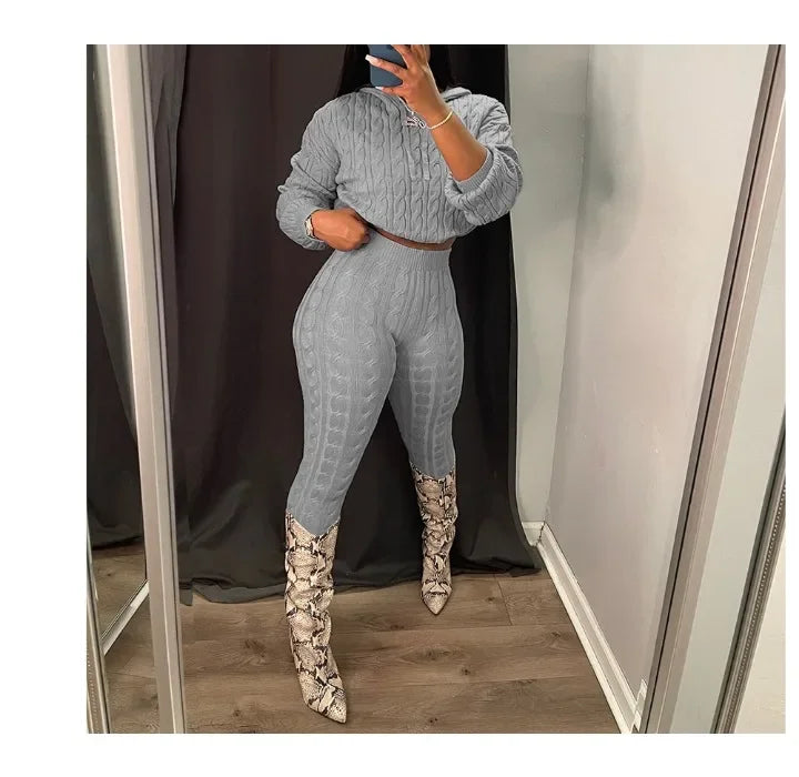 2 Piece Sets Womens Outfits Fashion Long Sleeve Cable Knit Hooded Sweater