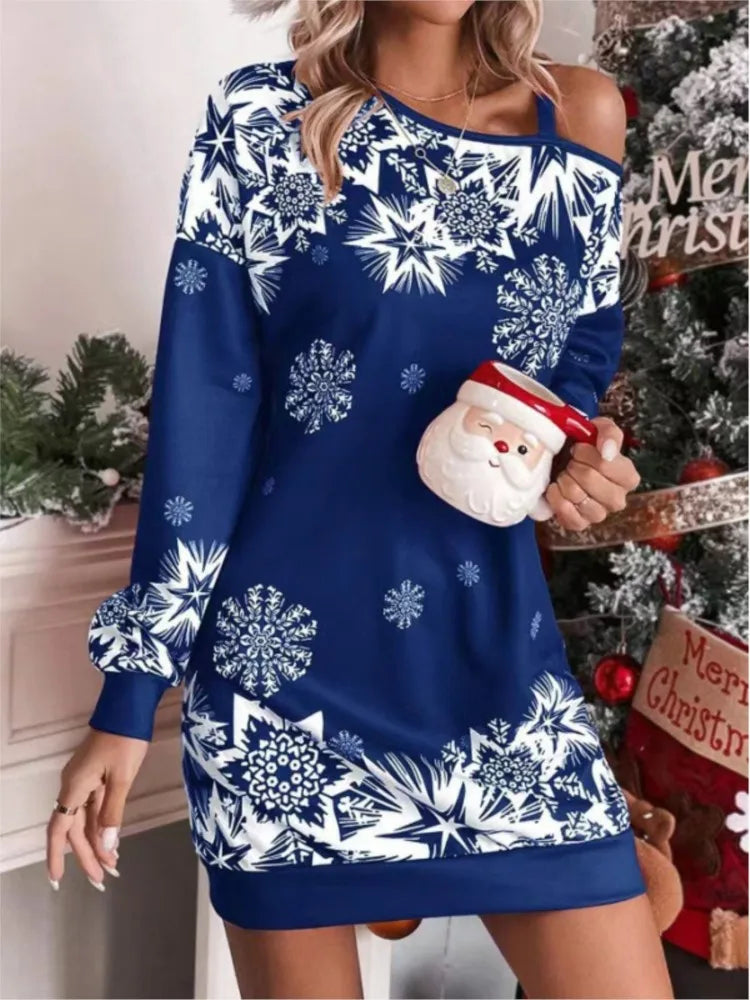 New Christmas Snowflake Print Off Shoulder Package Hip Dress Woman Fashion Winter Long Sleeve Loose Party Mini Dresses For Women