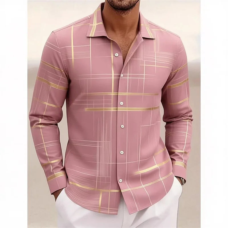 2026 new geometric grid long sleeved shirt, men, short sleeved, button down, no pockets,