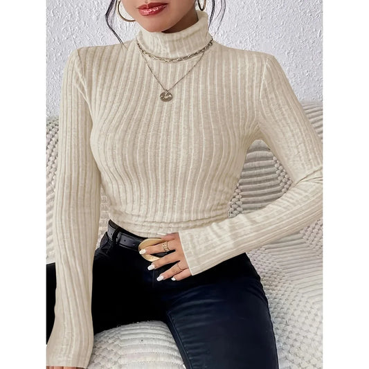 Plus Size 1XL-5XL Women's Slim Fit Ribbed Knit Turtleneck Knitted Sweater Long Sleeve Light Gray Elegant Versatile Pullover Top