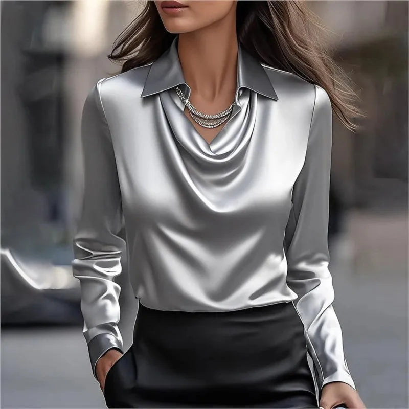 Fashion New Satin Women Shirt Vintage Long Sleeve Blouse Silk Elegant Womens Tops Commuting White Shirt Autumn Female Clothing