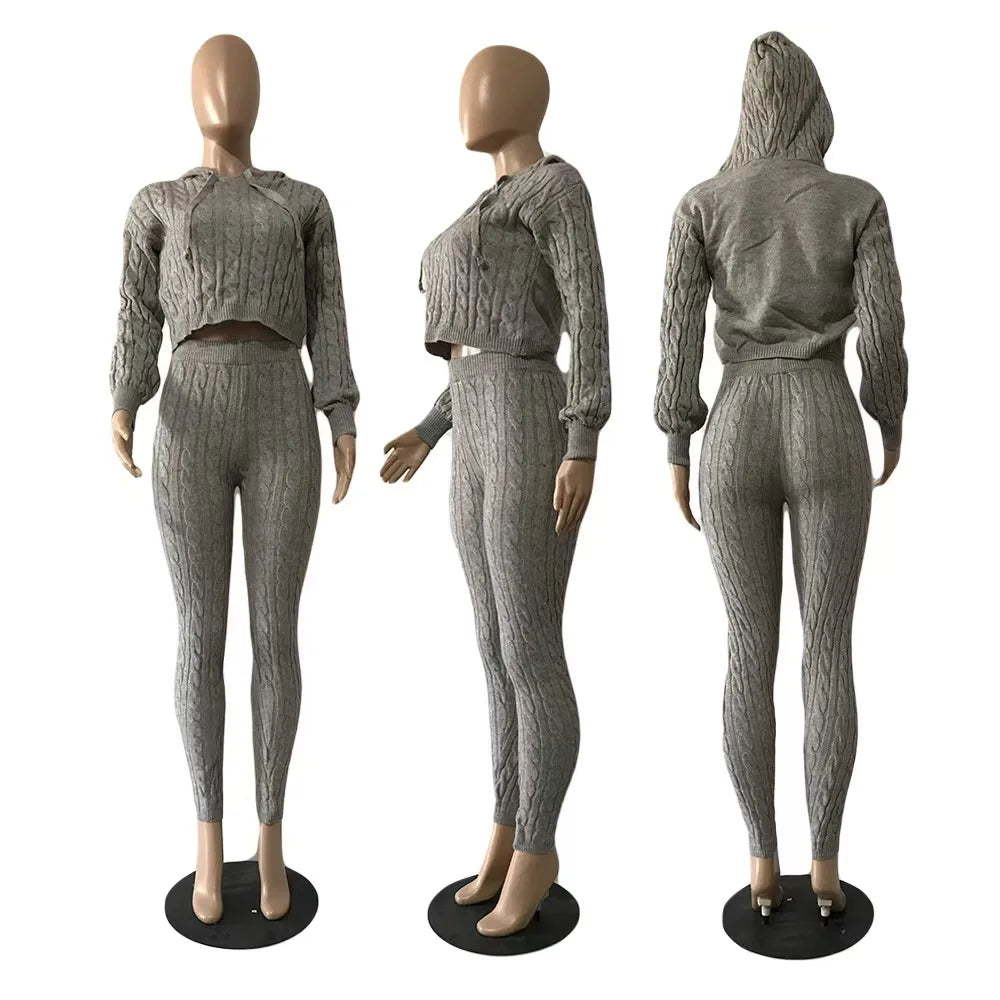 2 Piece Sets Womens Outfits Fashion Long Sleeve Cable Knit Hooded Sweater
