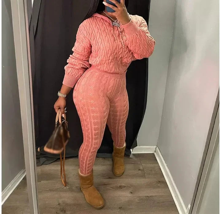 2 Piece Sets Womens Outfits Fashion Long Sleeve Cable Knit Hooded Sweater