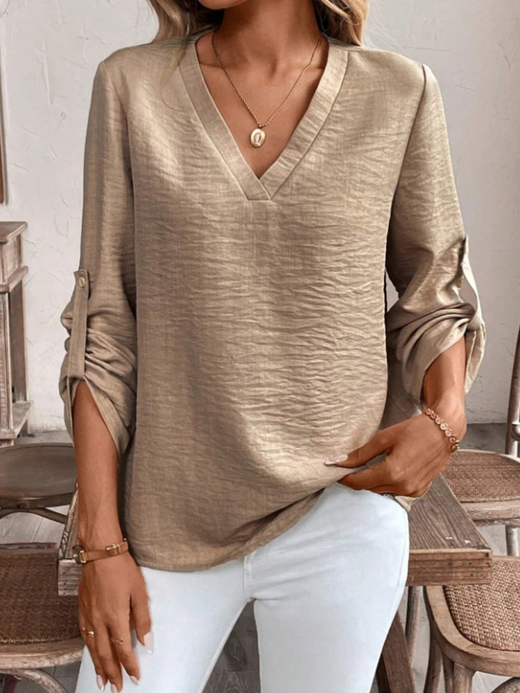 Ladies Elegant Simple V-Neck Commute Pure Color Cuffed Sleeve Casual Sophisticated Shirt Office Wear Casual Fashion