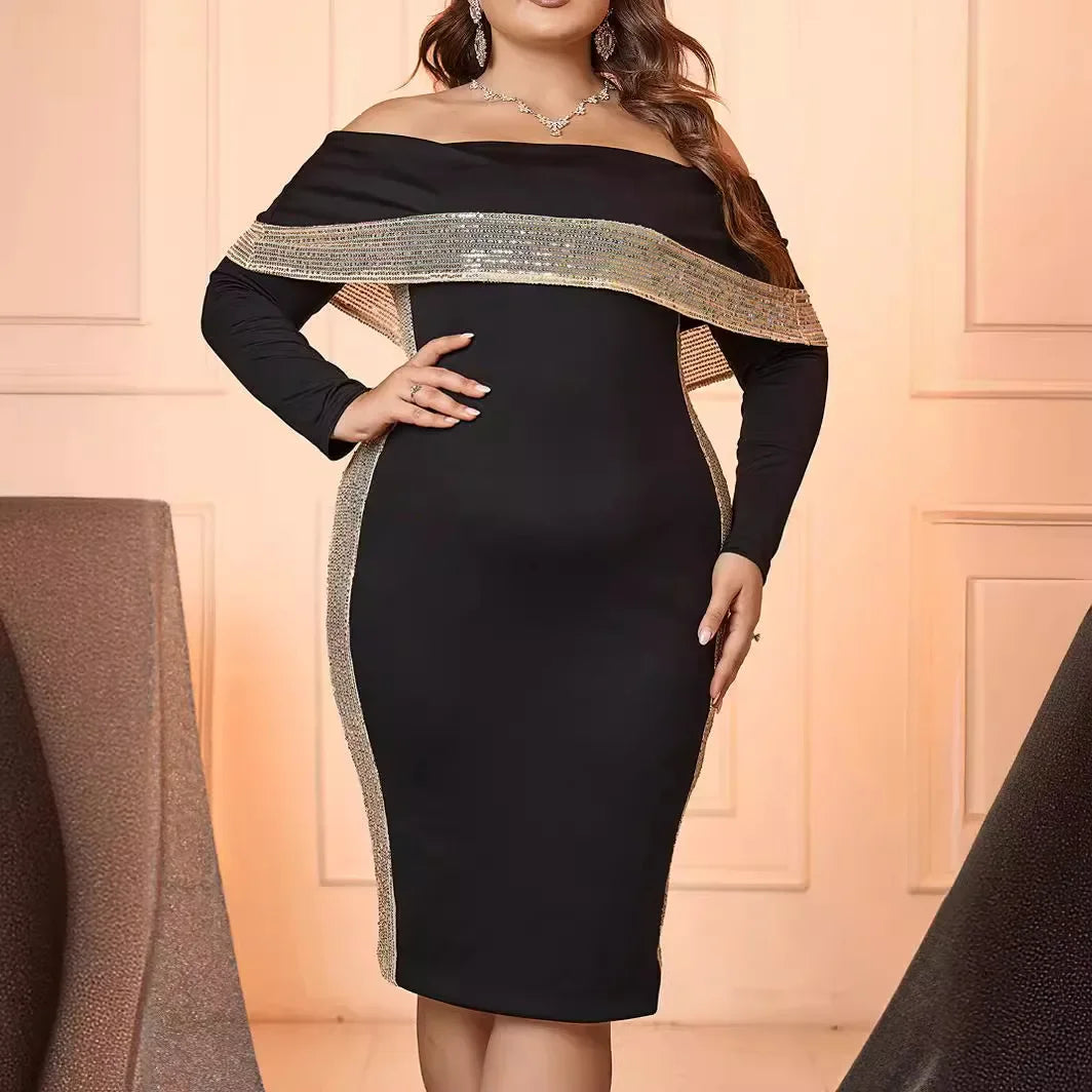 Plus Size Sexy Slim Fit Long Sleeve One Shoulder Glitter Dress for Women plus Size Fashionable Spring Summer Dress Polyester ...