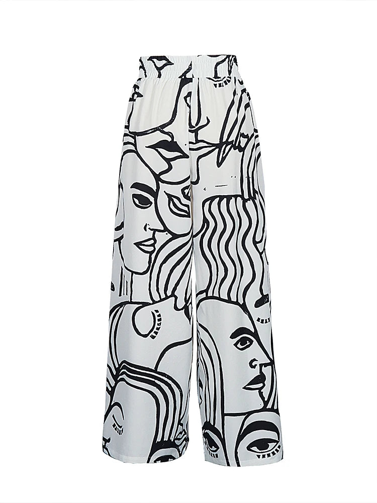 Summer plus Size 5XL Wide Leg Pants Contrast Print Pattern Fashionable Trendy Versatile Women's Elastic Waist Casual Trousers