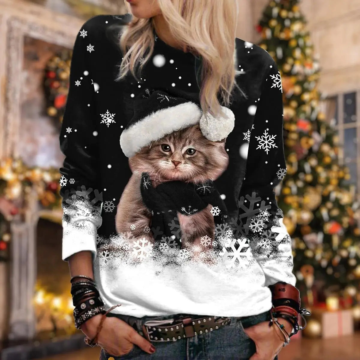Christmas Women's Sweatshirt Cat Sportswear Holiday Print Christmas Casual Round Neck Long Sleeve Top Micro Stretch S-3XL
