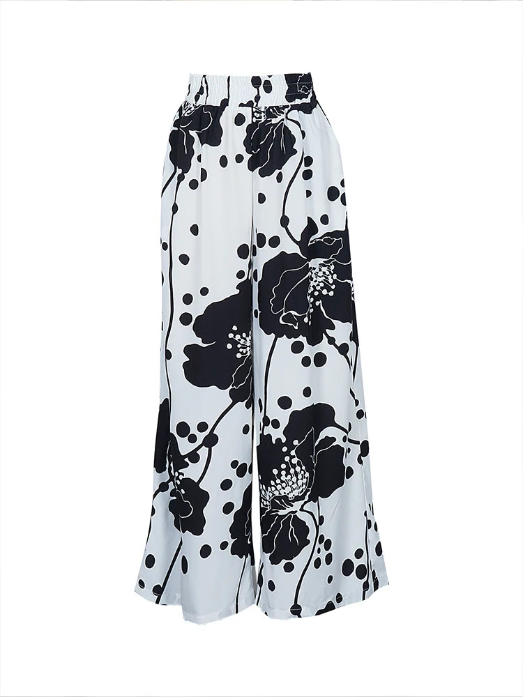 Summer plus Size 5XL Wide Leg Pants Contrast Print Pattern Fashionable Trendy Versatile Women's Elastic Waist Casual Trousers