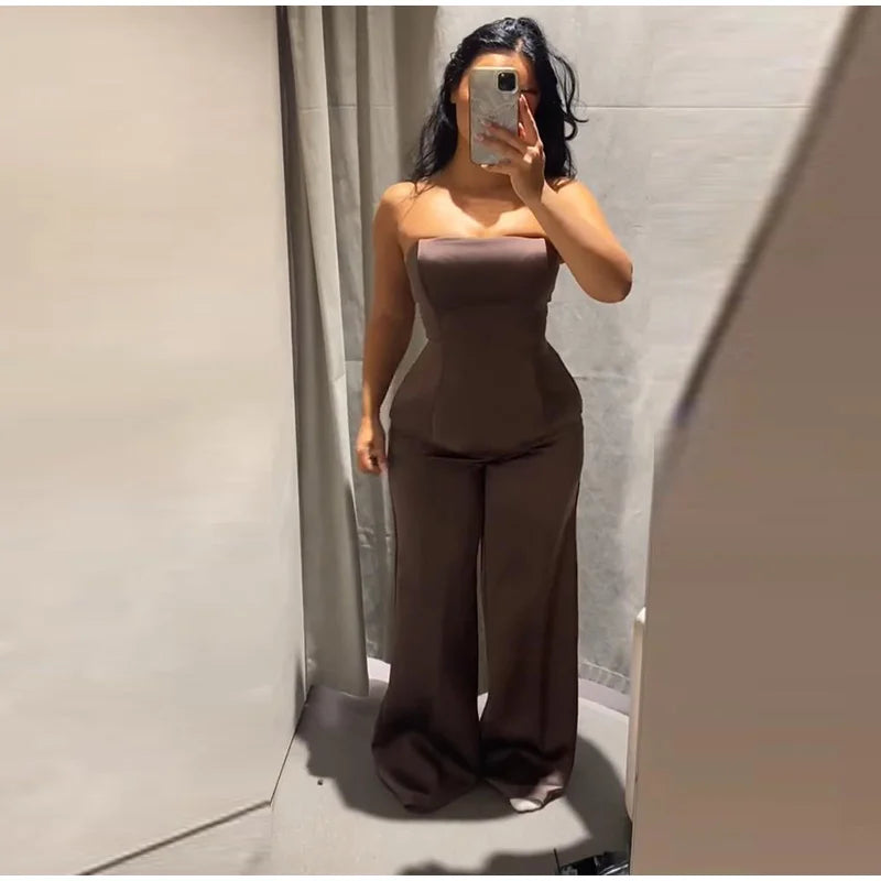 Elegant Brown Satin Strapless Top Pants Set Women Sleeveless Backless Vest Wide Leg Trousers 2025 Winter Lady Chic Party Suit