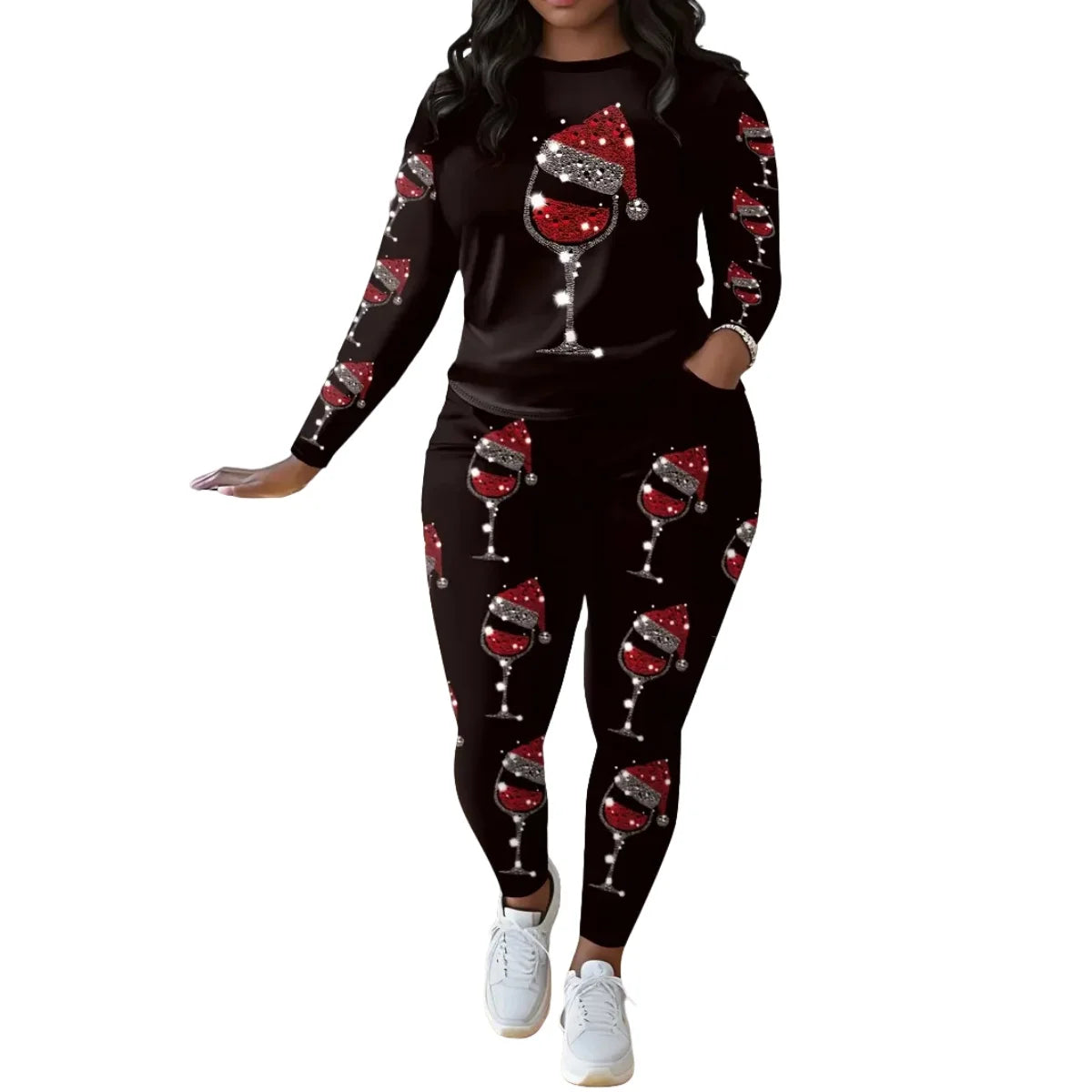 Plus Size Women's Casual Suit, Fashionable Tall Wine Glass Print Two-Piece Set