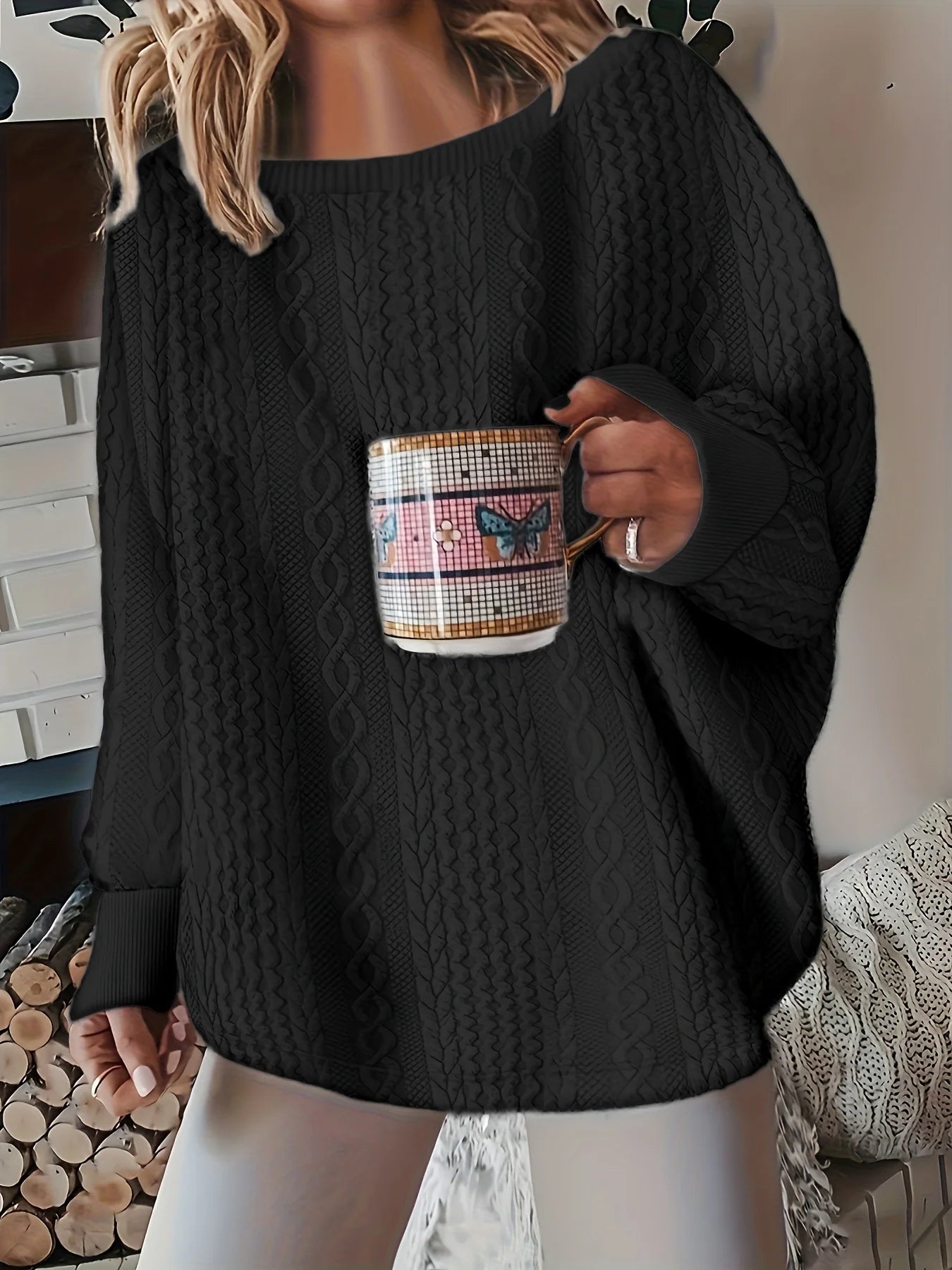 Plus Size Women's Cozy Chunky Knit Sweater Black Cable Knit Design Loose Fit