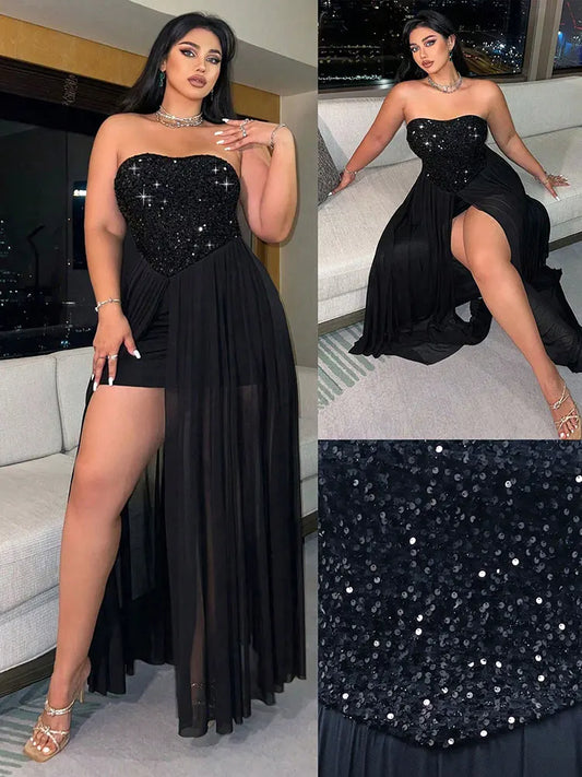 New Plus-Size Elegant Sequined Strapless Slit Dress Women Party Evening Maxi Dresses Black Flowy Wedding Vacation Long Sundress