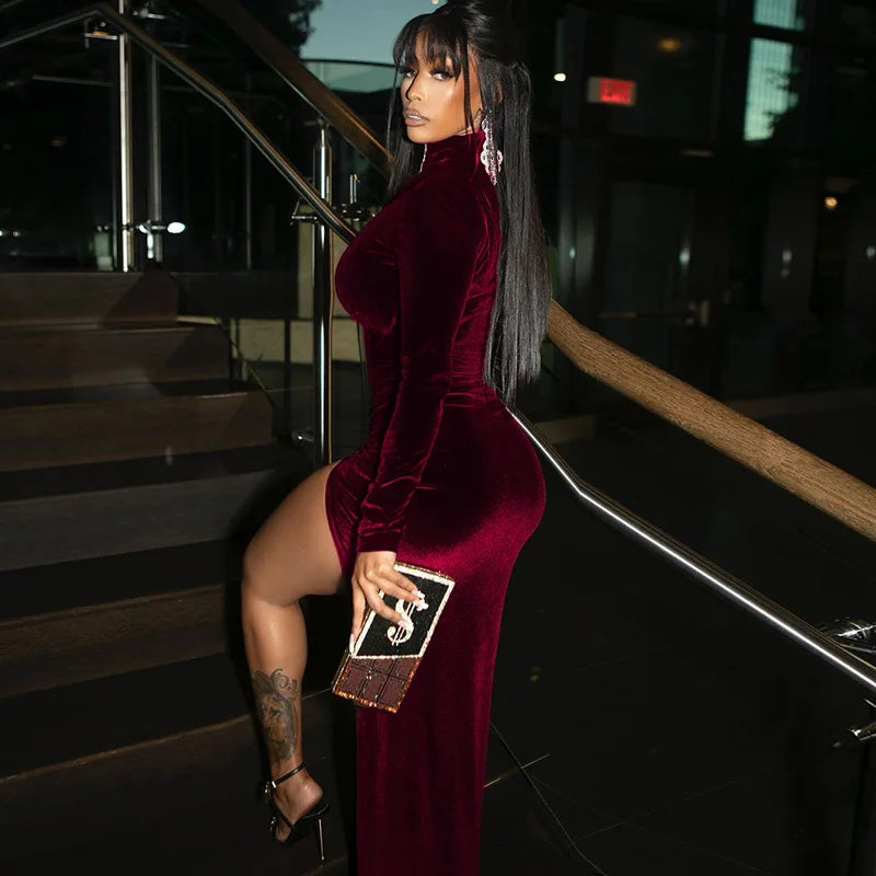Women's autumn and winter style high-necked long-sleeved velvet dress slim pleated slit dress