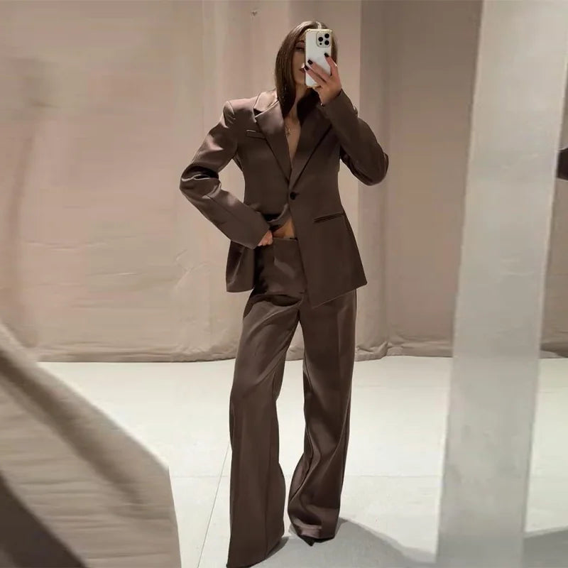 Elegant Brown Satin Strapless Top Pants Set Women Sleeveless Backless Vest Wide Leg Trousers 2025 Winter Lady Chic Party Suit