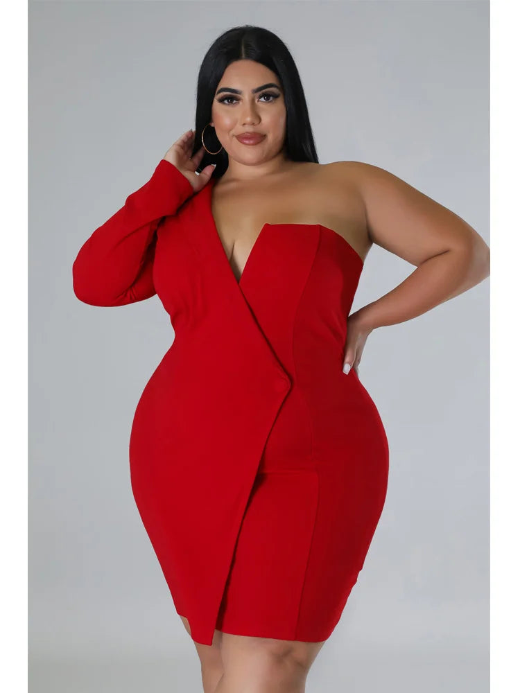 Wmstar Plus Size Dresses Women 2026 Single Long Sleeve V Neck Solid Sexy Mini Suit Dress Party Dresses Wholesale Dropshipping