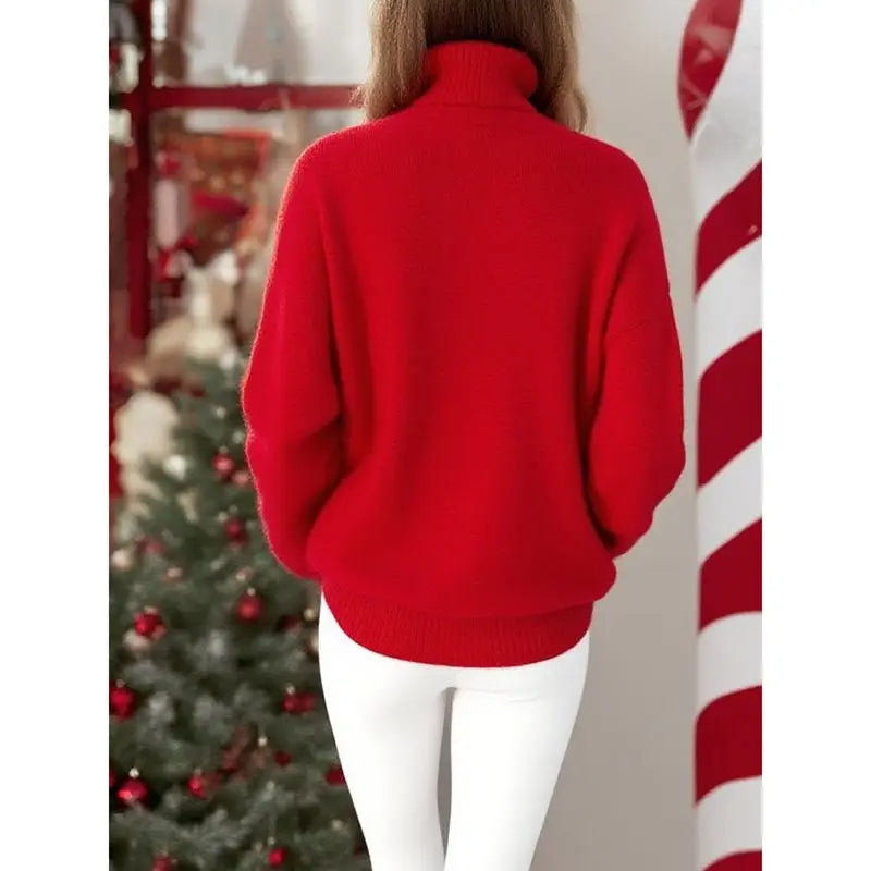 Combhasaki Women Christmas Autumn Winter Loose Fit Sweater Top Fuzzy Letter Embroidery Long Sleeve Turtle Neck Knitwear Pullover