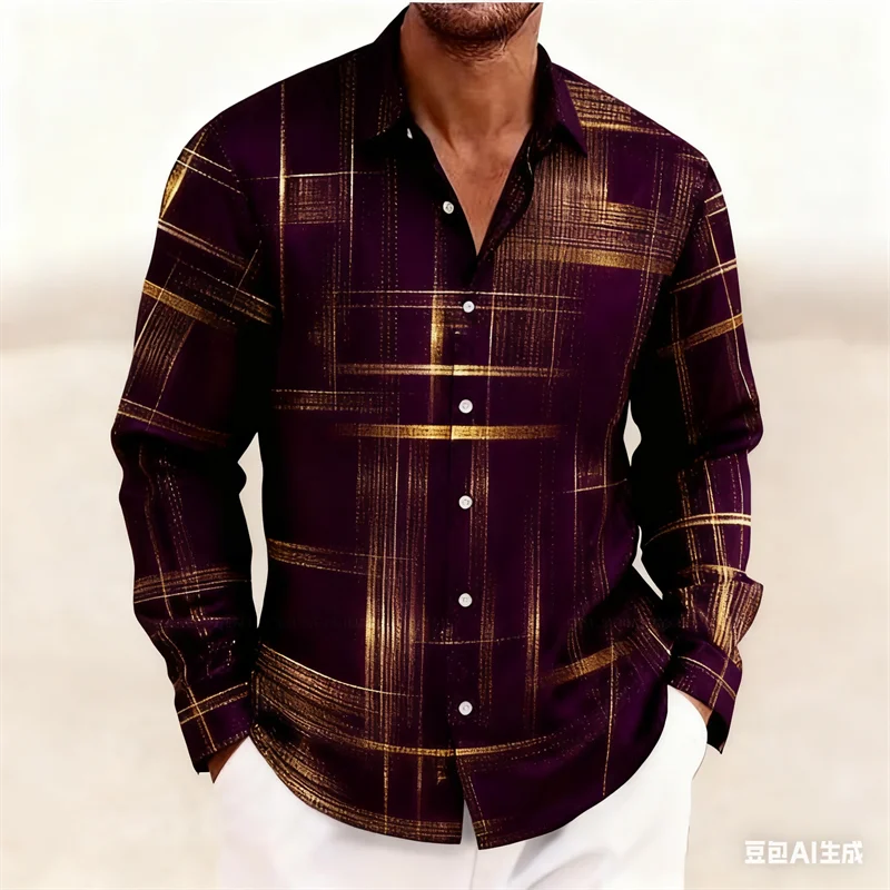 2026 new geometric grid long sleeved shirt, men, short sleeved, button down, no pockets,