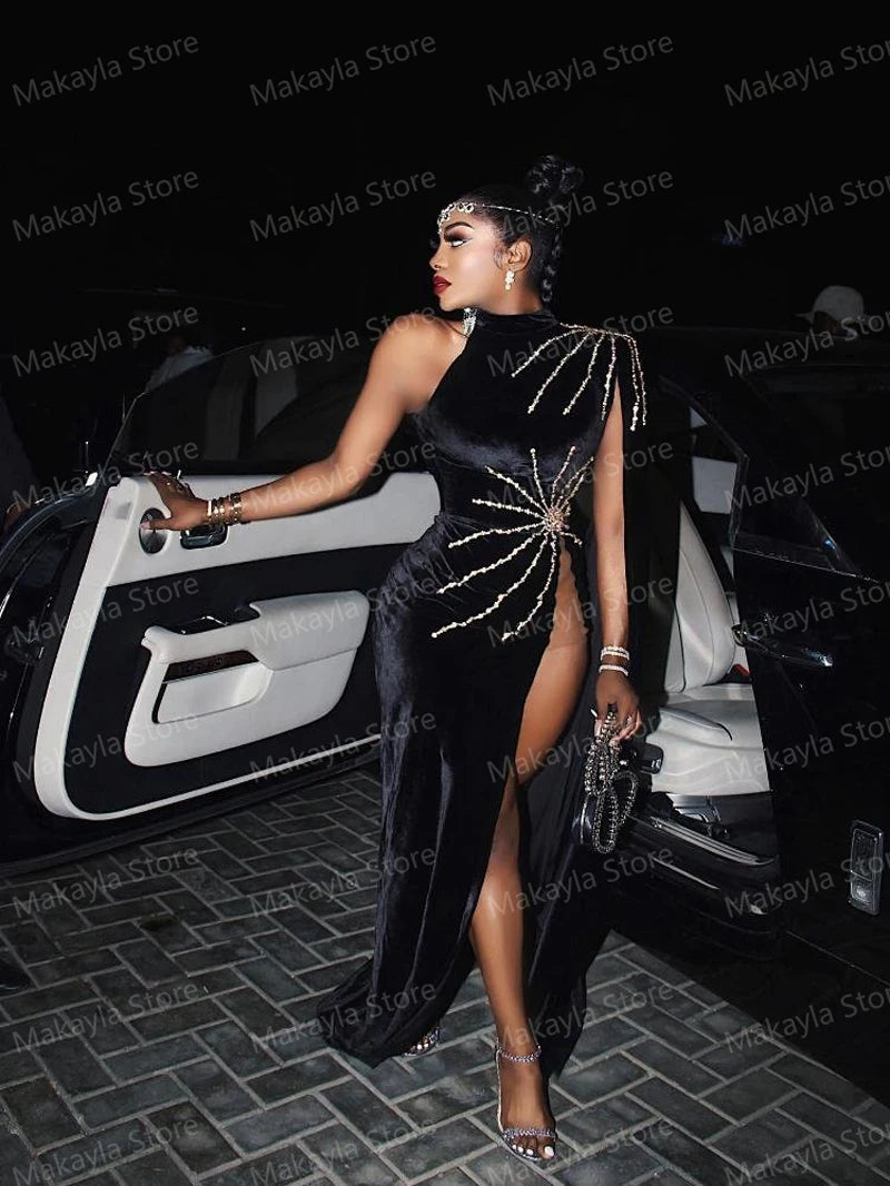 Velvet Black Sexy Long Prom Dresses Crystals Sparkly High Split Black Girl Women Elegant Party Evening Gowns Custom Made