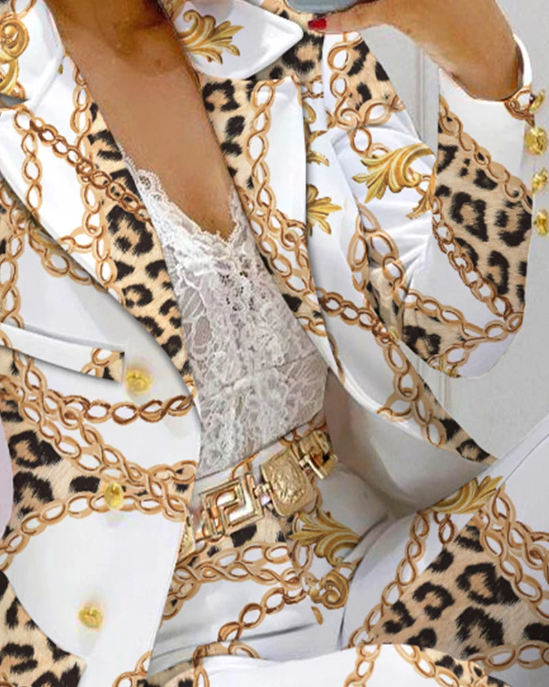 2026 Femme Formal Jacket & Trousers Office Lady Outfits Autumn Women two Pieces set Chain Print Blazer Coat & Pants Suit Sets