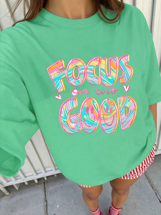 Plus - Size Short Sleeve T - Shirt: “FOCUS on the GOOD” Colorful Gradient Positive Quote Graphic, Multiple Colors Available