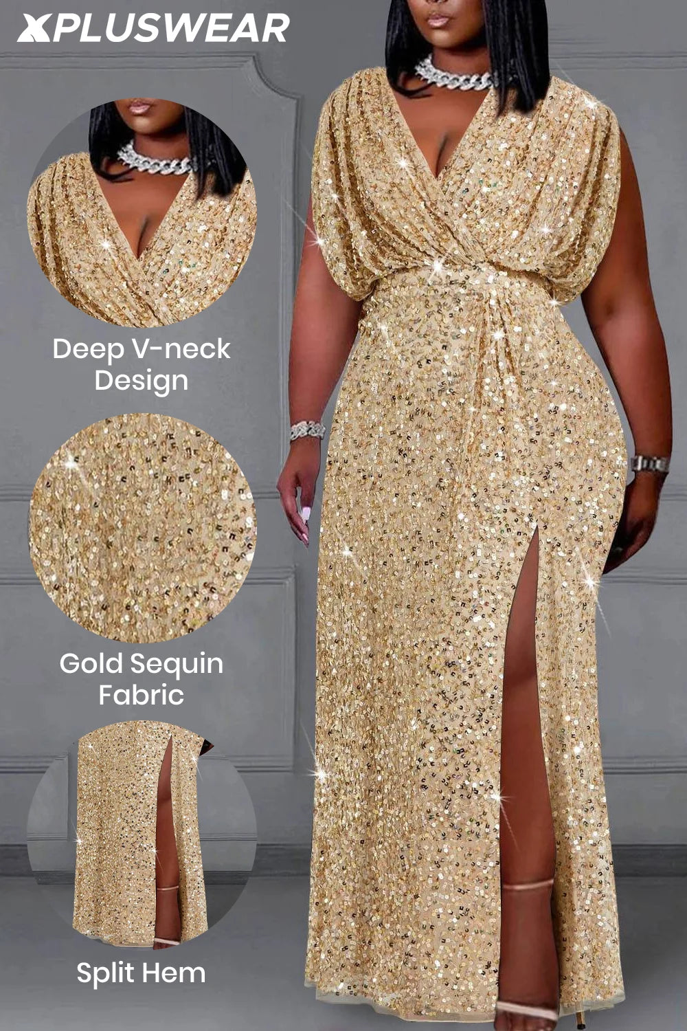 plus Size Gold V-Neck Split Sequin Maxi Dress Elegant Formal Gown for Women